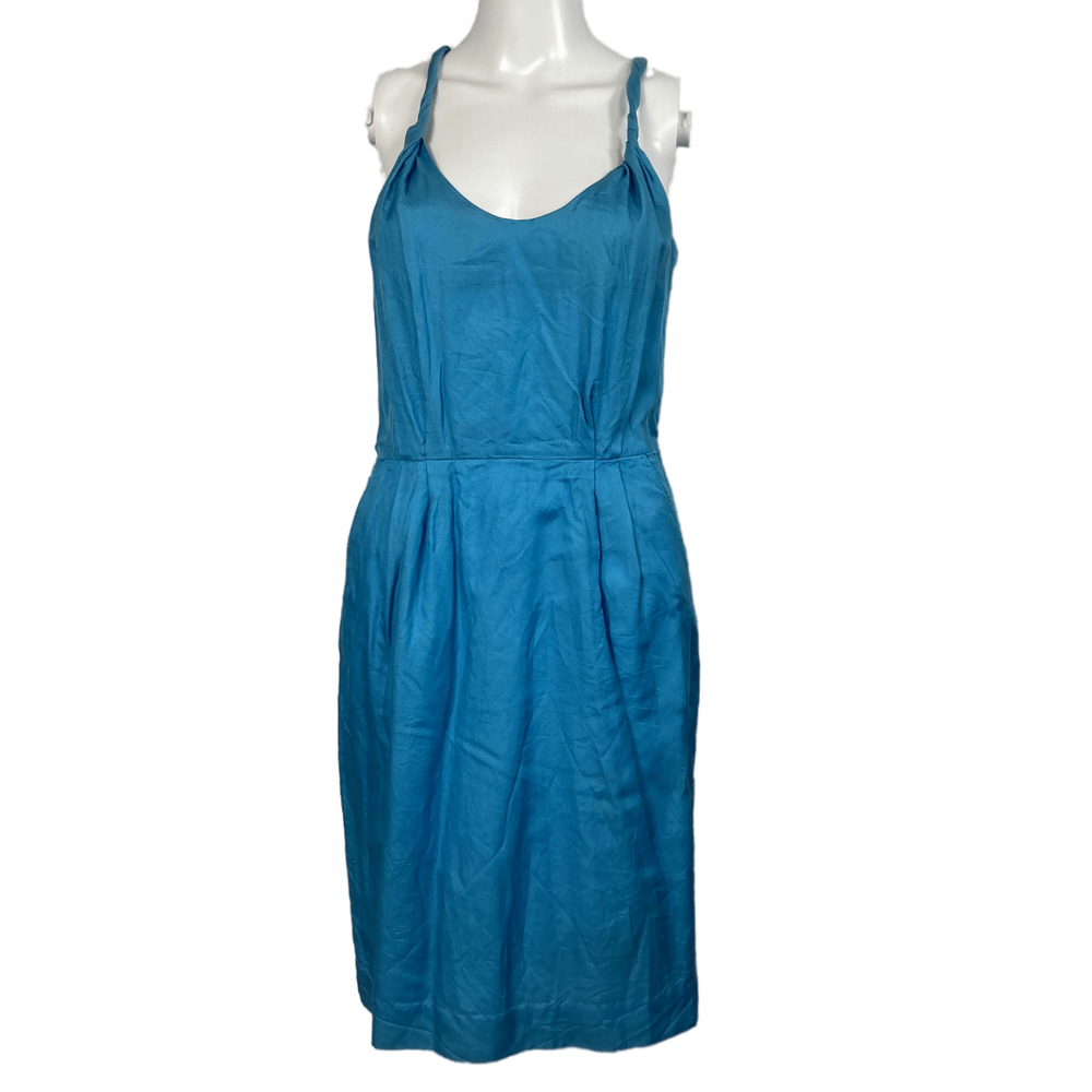 Banana Republic Dress Women Sz 4 Blue Silk Cotton Twist Criss Cross Back Pockets